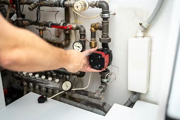 Mano de instalador montando la bomba circuladora Grundfos ALPHA2 GO en la tubería