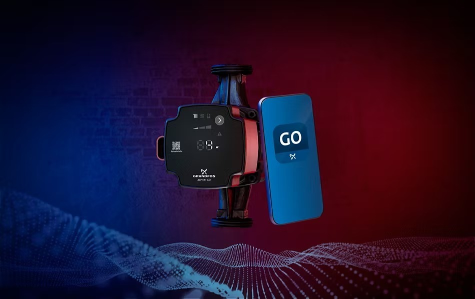 Grundfos ALPHA1 GO 25-80 180 instalada en sistema de calefacción — vista oficial del producto 2025